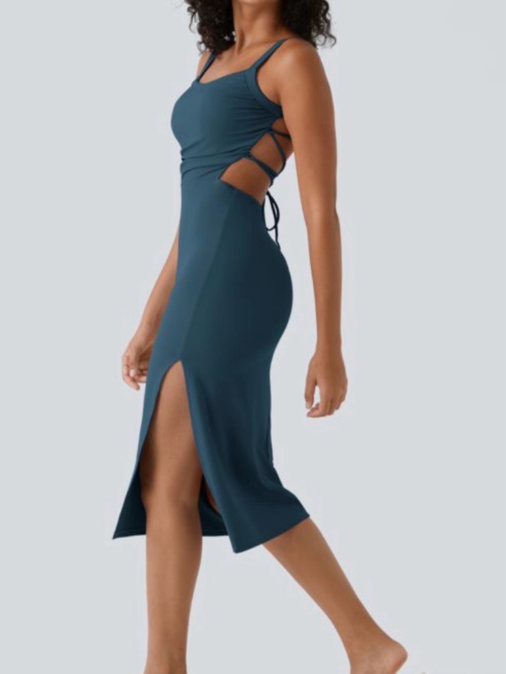 SoftlyZero Airy Midi Dress Small Ruched Lace Up Bodycon Majolica Blue  NEW